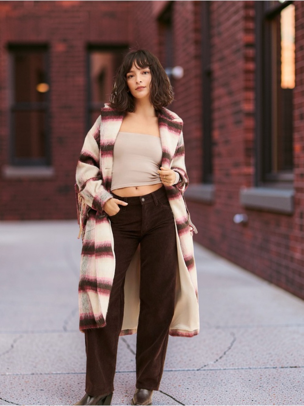 Free People  Pressley Longline Wool Blend Plaid Coat Western Inspired Fringe M/L